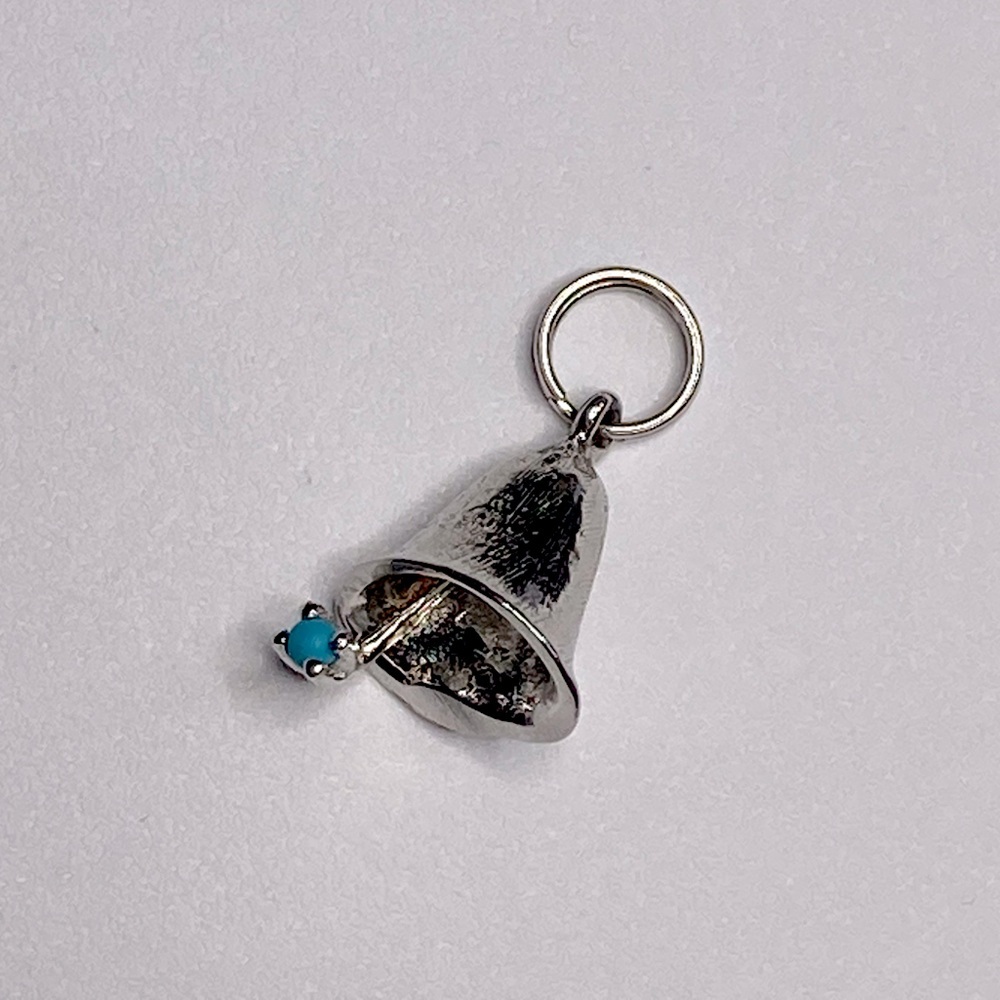 Vtg Sterling Silver Bell w Swinging Turquoise Accent Charm .5”